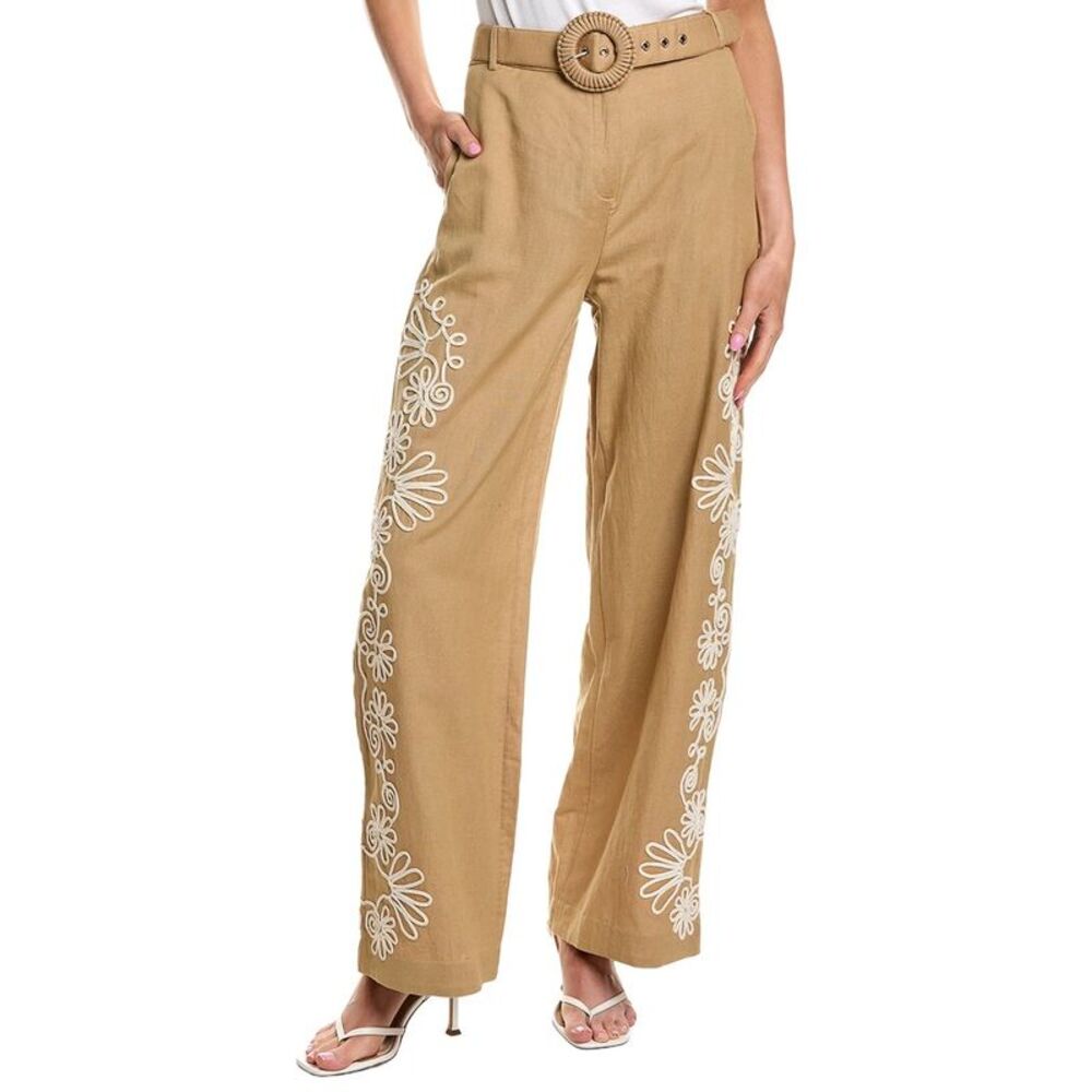 Hemant & Nandita Womens  Belted Linen-Blend Straight Pant, Brown